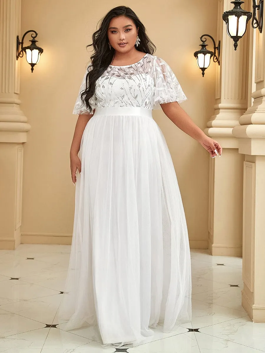 Women's A-Line Short Sleeve Embroidery Floor Length Evening Dresses