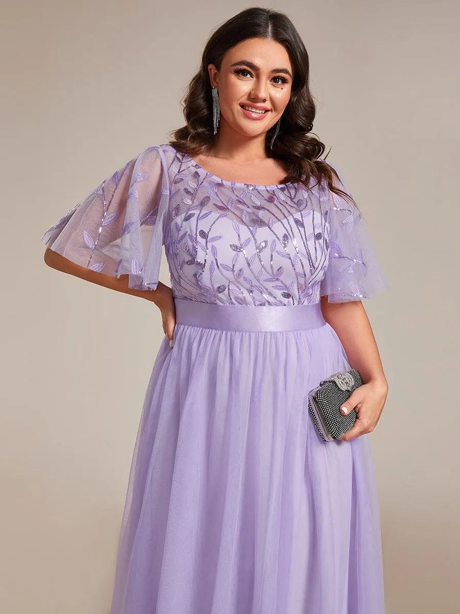 Women's A-Line Short Sleeve Embroidery Floor Length Evening Dresses