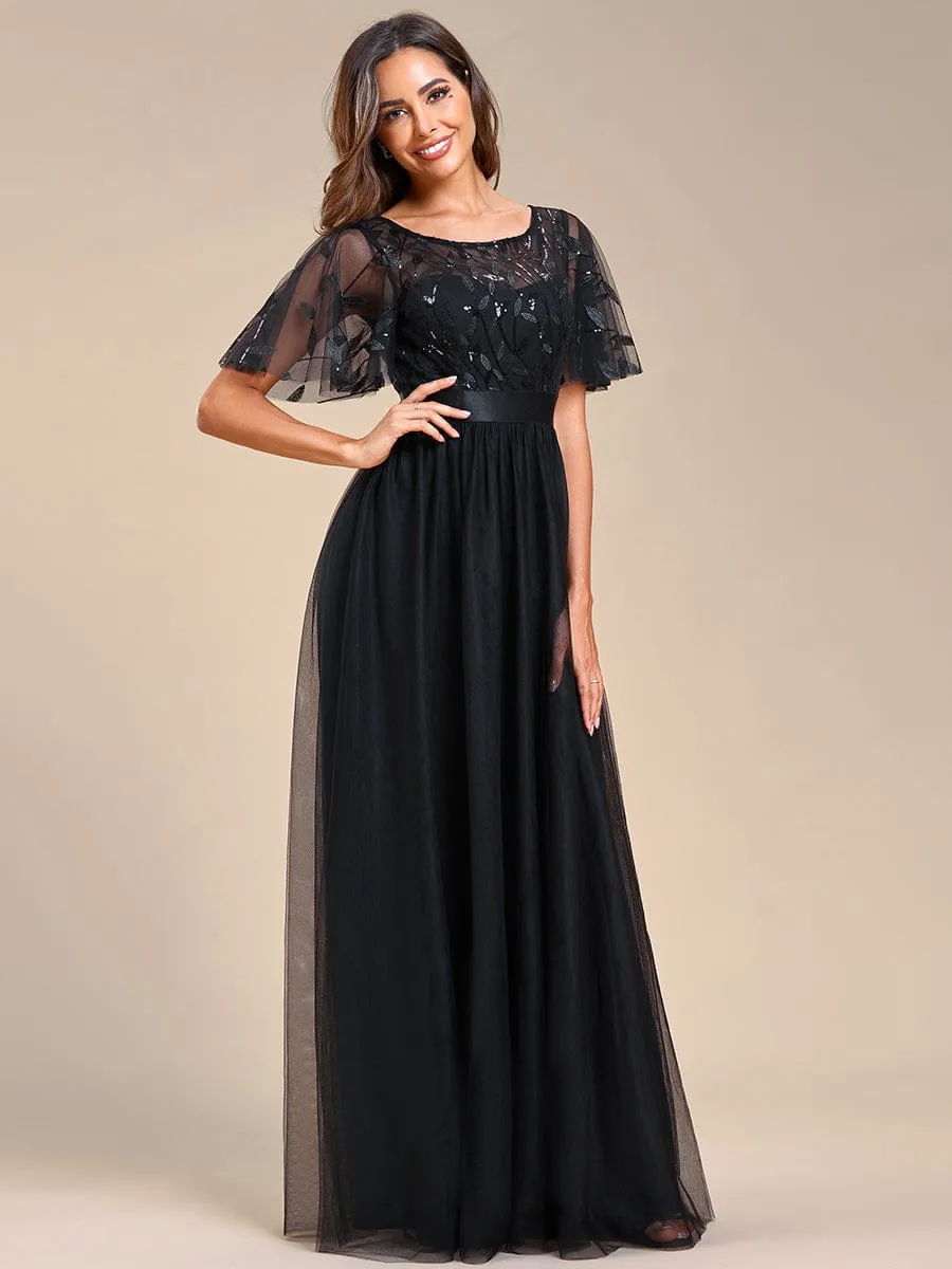 Women's A-Line Short Sleeve Embroidery Floor Length Evening Dresses