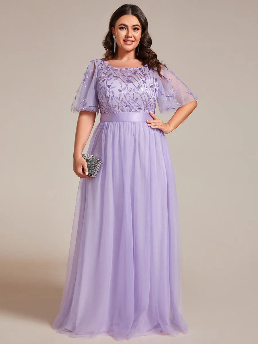 Women's A-Line Short Sleeve Embroidery Floor Length Evening Dresses