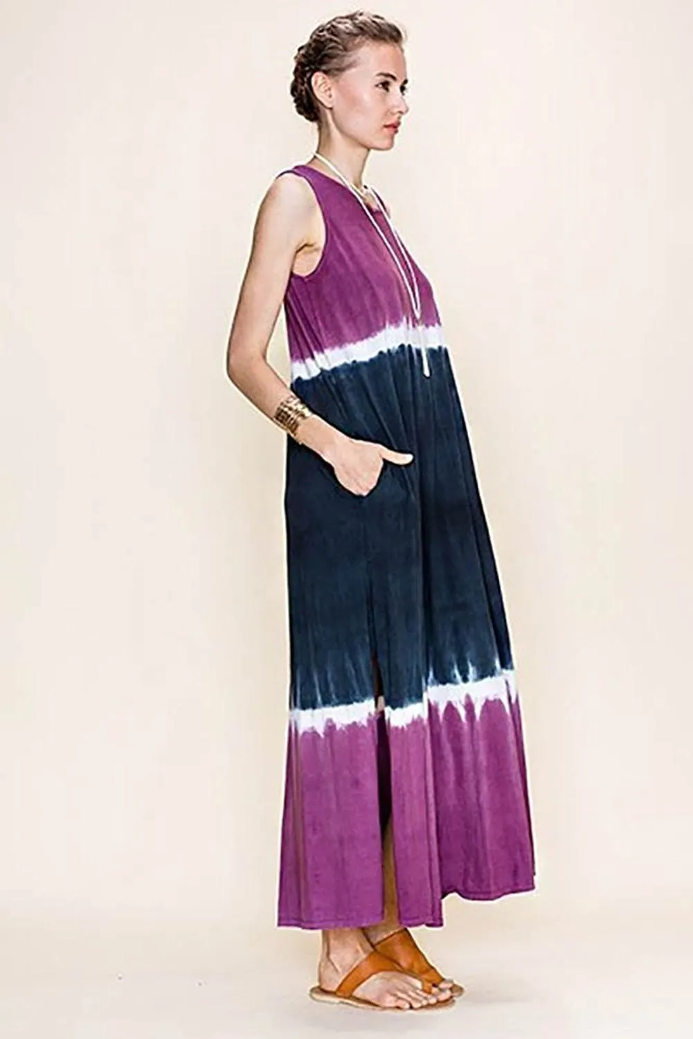 Womens Purple Black Color Block Tie Dye Maxi Dress USA