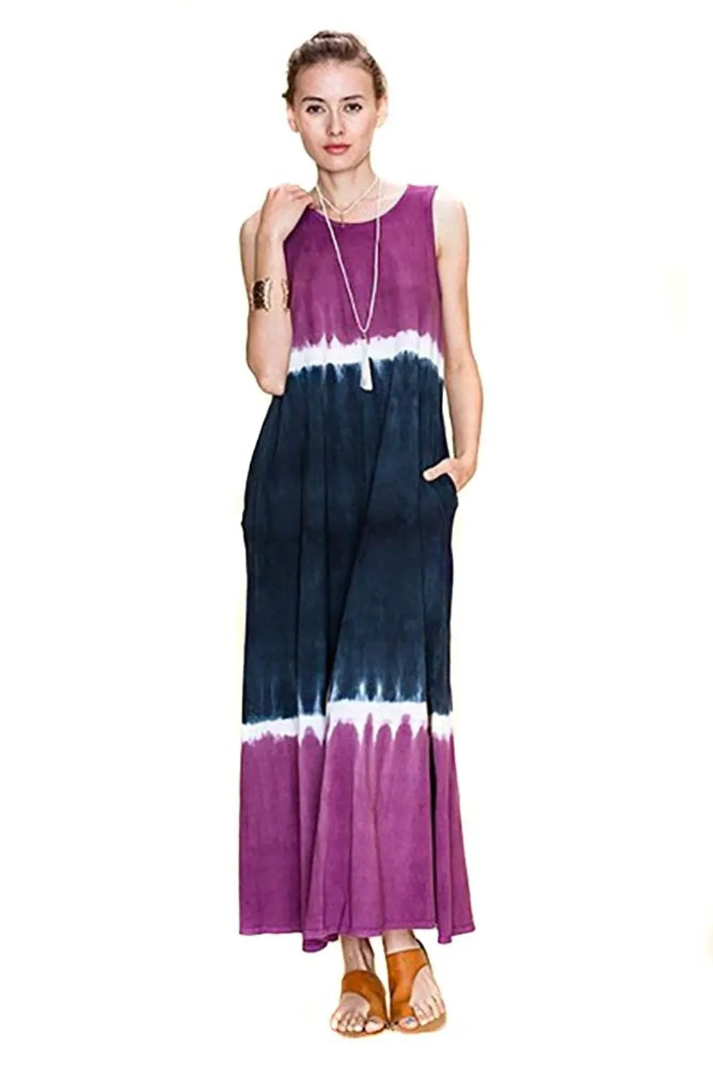 Womens Purple Black Color Block Tie Dye Maxi Dress USA